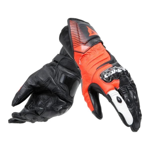 Guanti moto, Dainese Carbon 4 Long, in pelle nera, bianca e rosso fluo